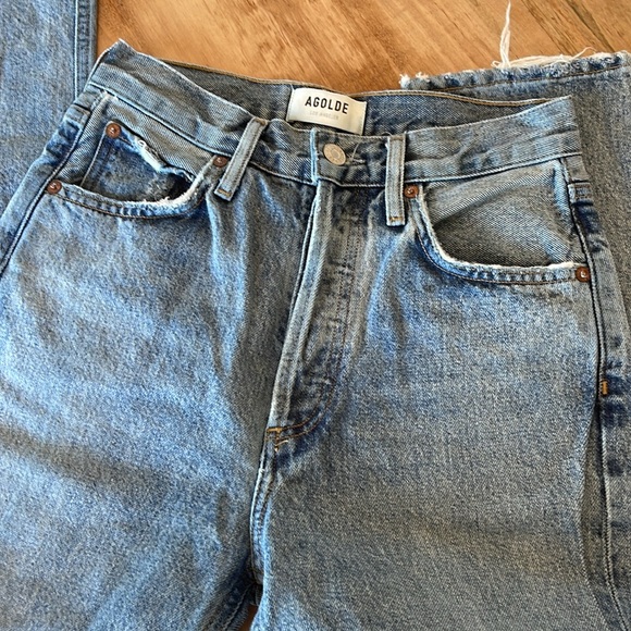 Agolde Riley Medium Wash Distressed High Rise Straight Jeans 24 - Picture 10 of 14